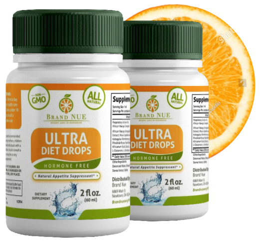 Diet drops bottles with orange slice background.